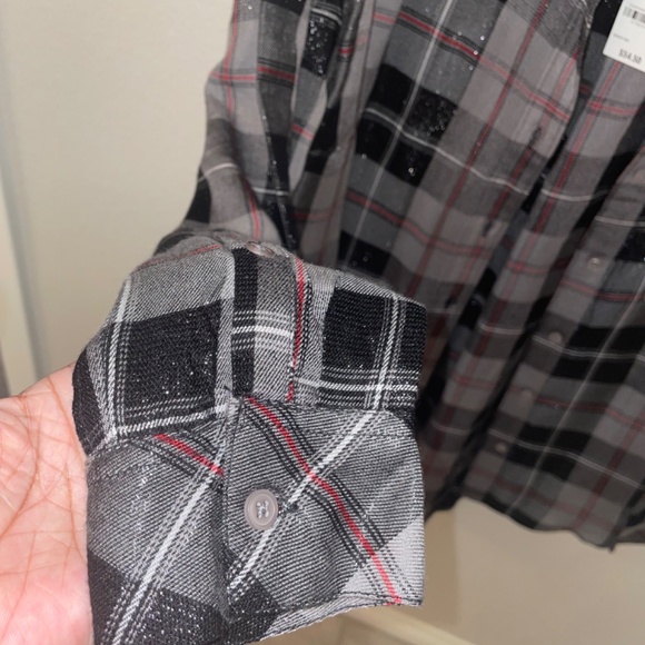 STYLE & CO Sparkle Black Gray Red Plaid Boyfriend Button Down Shirt Size M - Picture 6 of 8